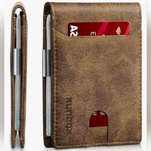 RUNBOX Mens SLIM Compact Thin BIFOLD Leather Wallet Brown RDIF Blocker Bifold